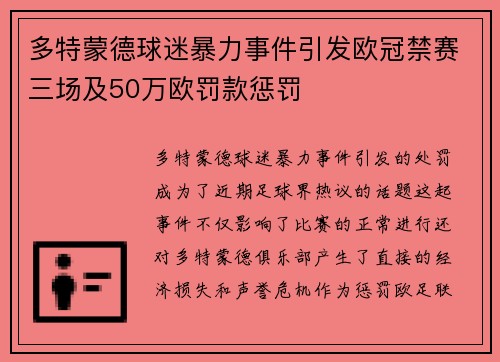多特蒙德球迷暴力事件引发欧冠禁赛三场及50万欧罚款惩罚
